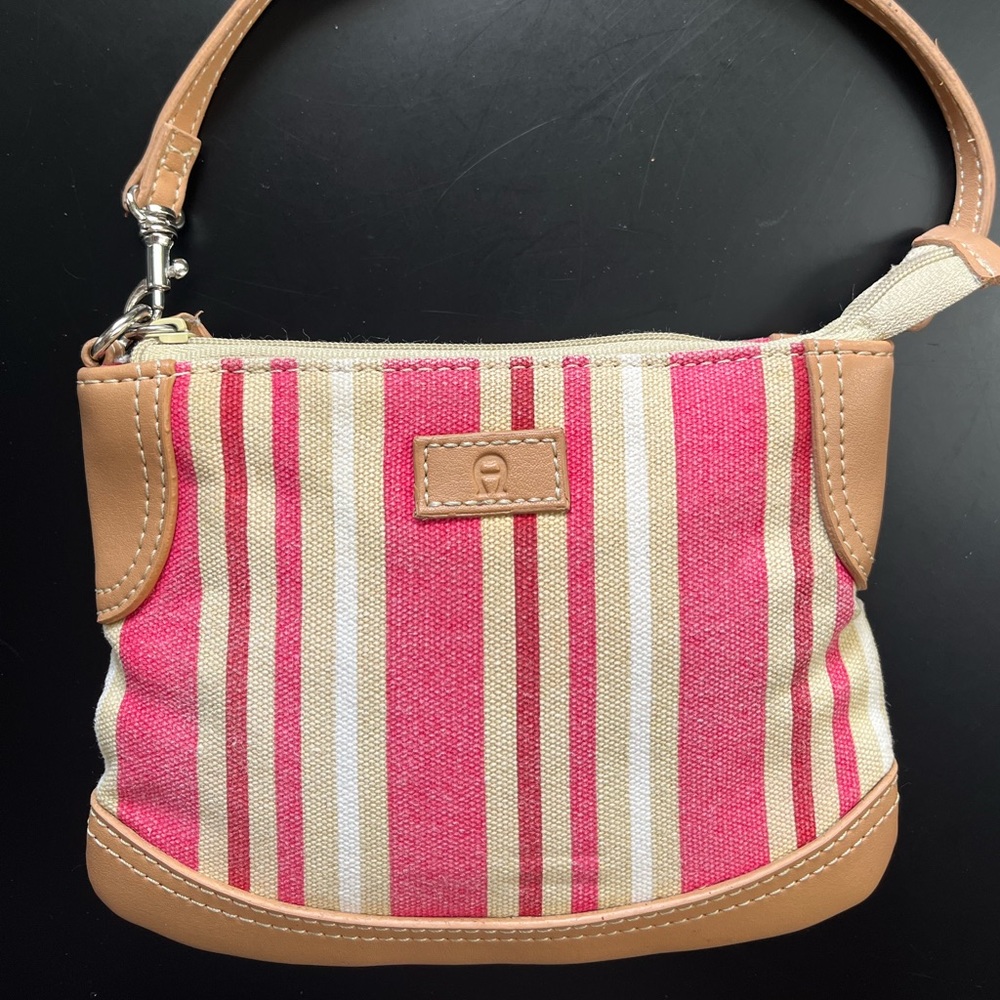 💙 Etienne Aigner Pink and Cream Striped Canvas Wristlet Bag